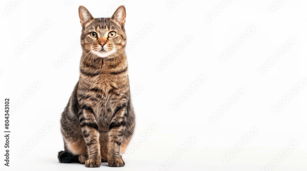 A photo of a tabby cat is sitting and facing forward isolated on white background.