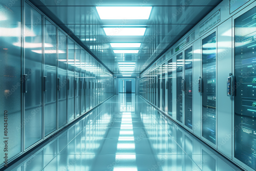 Network servers standing in a row inside a data center.Computer server room. Network servers standing in a row inside a data center.Computer server room.