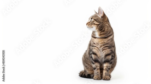 A photo of a tabby cat is sitting and facing forward isolated on white background.
