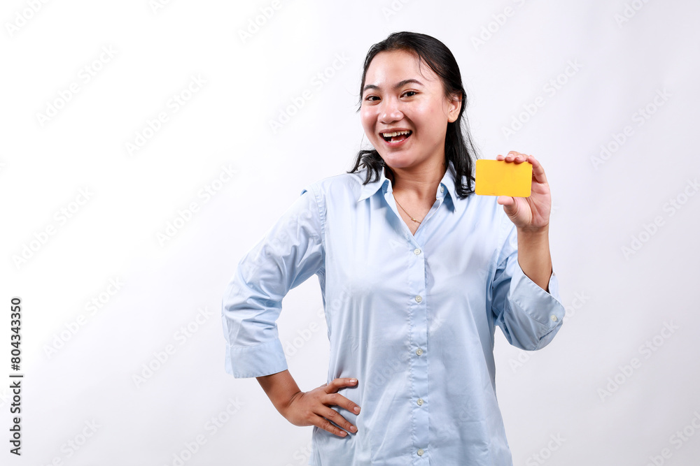 Happy Young asian woman in formal clothes showing blank card, approve and recommend, smiling at camera, white background Happy Young asian woman in formal clothes showing blank card, approve and recommend, smiling at camera, white background