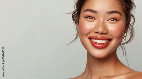 A beauty model portrait showcasing plump lip makeup, with the woman looking sideways and smiling. She has smooth skin, makeup, and golden earrings, highlighting dermal filler enhancements.
