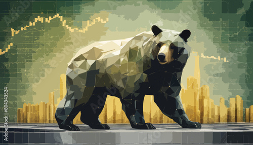 Ein grüner Bär steht auf einem Graphen aus Gold. Fiskalpolitik hin zur grünen Ökonomie. Vektor - Illustration. photo