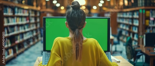Getting ready for tests with a laptop computer and green screen mockup template. A college student studying in a public library. photo
