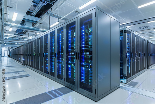 Network servers standing in a row inside a data center.Computer server room.