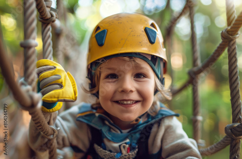 A happy child in safety gear and yellow gloves enjoying an adventure park, smiling while walking on the rope course with green trees as background © Kien