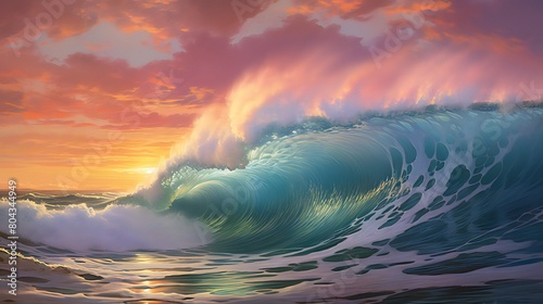 Ocean Wave of Color. The shape of a sea crest. Lovely clouds and sunset light in the distanc