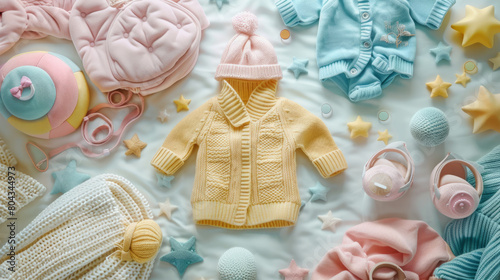 Aesthetic display of coordinated baby outfits and accessories on a cozy blanket, showcasing style and cuteness.