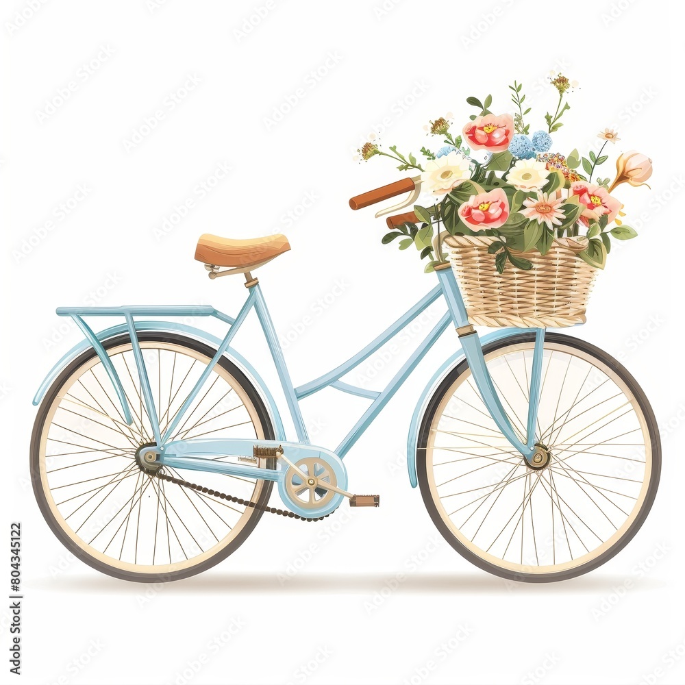 A blue bicycle with a basket full of flowers