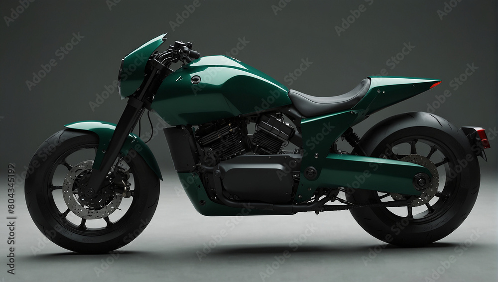 A green and black motorcycle is sitting in a dark room.

