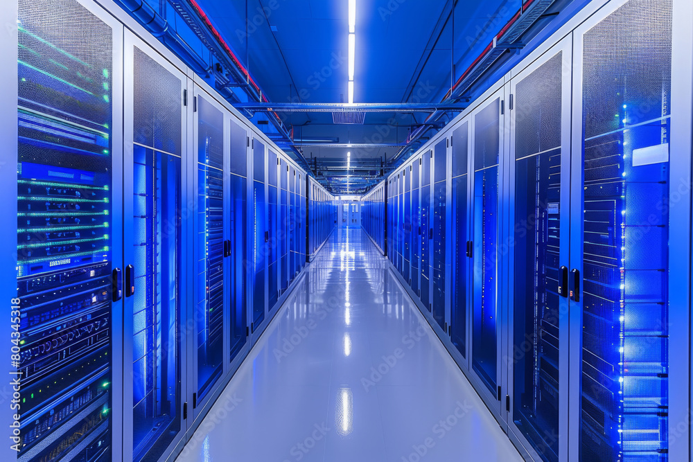 Network servers standing in a row inside a data center.Computer server room. Network servers standing in a row inside a data center.Computer server room.