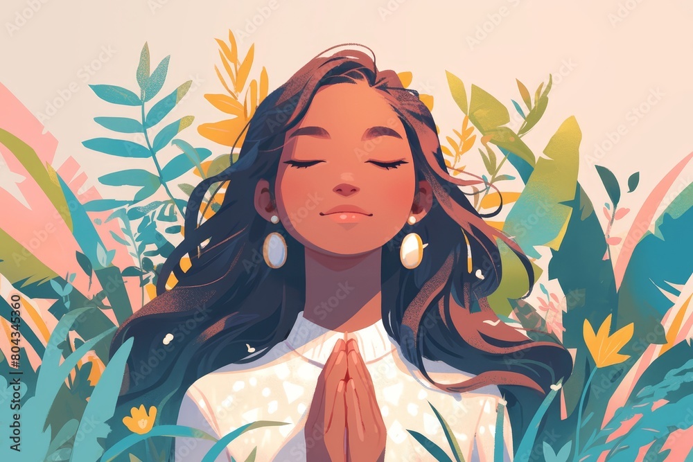 A flat illustration of an African American woman with long hair, eyes closed in meditation, surrounded by soft pastel colors and nature elements like leaves or flowers. 