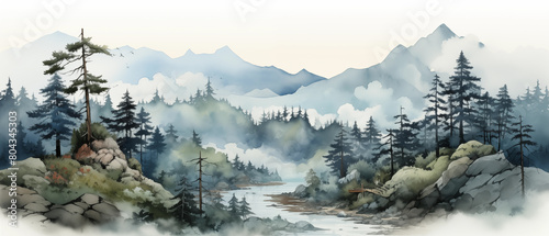 Misty mountain landscape with towering pines and a serene river  reflecting the tranquility of nature in a watercolor style.