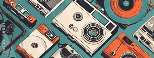 Retro-inspired illustrations of technology gadgets such as cameras, cassette tapes, or vinyl records. photo