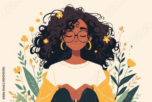 A flat illustration of an African American woman with long hair  eyes closed in a meditation pose  a serene expression on her face