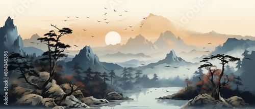 A serene sunset over layered mountain ranges, with mist rolling through forested valleys, under a sky punctuated by a large setting sun and soaring birds, rendered in a rich, earthy palette.