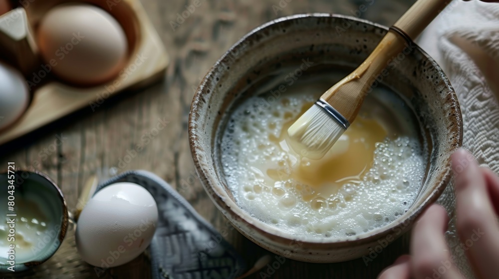A person in the sauna with a bowl of egg whites using a brush to carefully apply the mixture to their face for a tightening and cleansing effect.. A person in the sauna with a bowl of egg whites using a brush to carefully apply the mixture to their face for a tightening and cleansing effect..