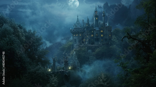 A magical castle enveloped by a mystical forest under the moon's light, creating a breathtaking and enchanting scene.