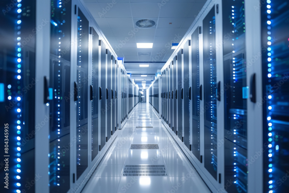 Network servers standing in a row inside a data center.Computer server room. Network servers standing in a row inside a data center.Computer server room.