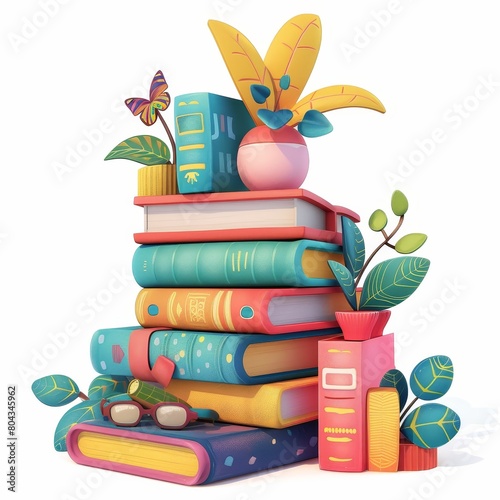 A stack of books with a vase of flowers on top