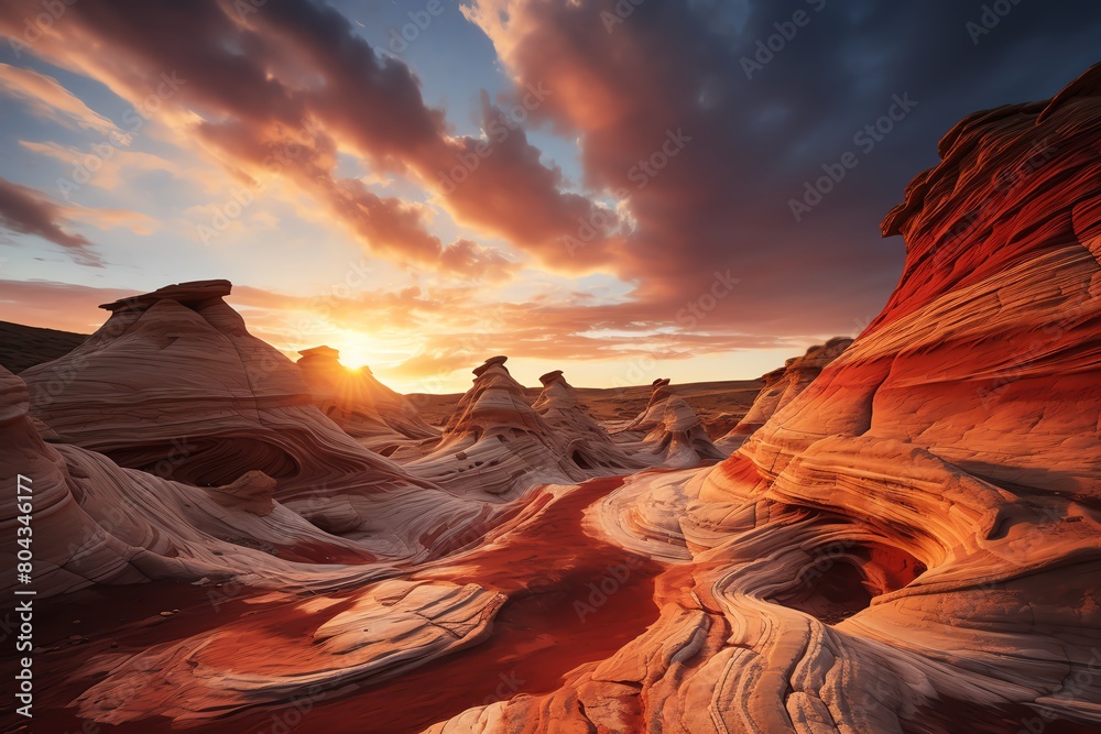 The image shows a beautiful sunset in the desert. The red and orange rocks are glowing in the sunlight. The sky is a deep blue with streaks of light. The clouds are a light pink and orange.
