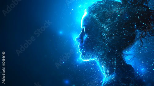 A digital profile of a woman composed of glowing particles on a deep blue background, illustrating the concept of digital identity. Generative AI