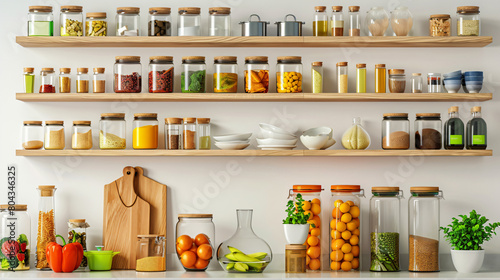 Different products on shelves in kitchen