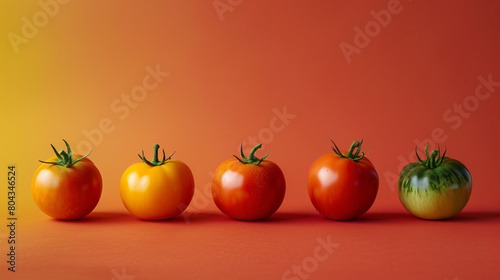Different ripe tomatoes on color background © khan