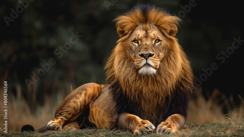 A majestic lion standing in full view against a dark  natural background  showcasing its powerful presence and beauty.