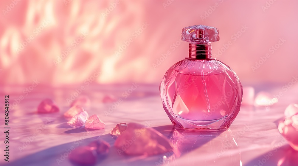 Stylish bottle with perfume against a background of corrals in soft pink and purple colors Stylish bottle with perfume against a background of corrals in soft pink and purple colors