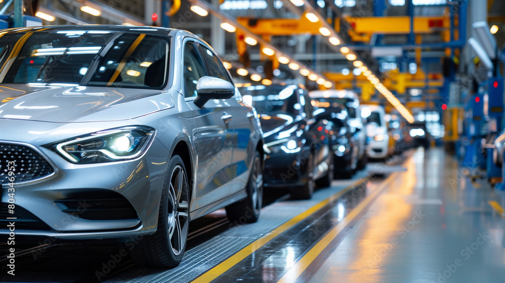 Mass production assembly line of modern cars in a busy factory. Mass production assembly line of modern cars in a busy factory.