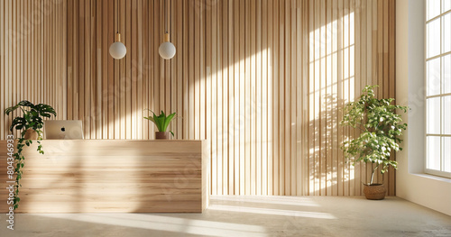 background  office  light wood  light walls  some green plants