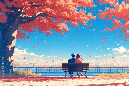 A couple sitting on the bench, swinging in autumn. 