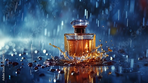 Stylish bottle with perfume under raindrops © Serhii