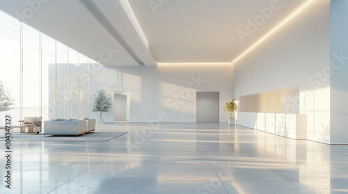 A visually appealing empty showroom mockup showcasing sleek, modern furnishings bathed in soft, ambient lighting.