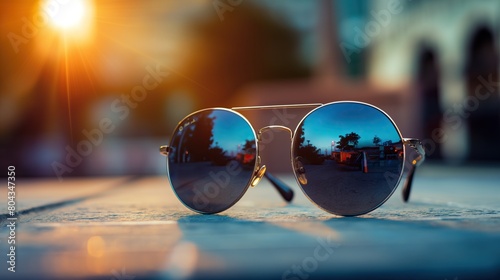 Stylish sunglasses lie on a table under street lighting