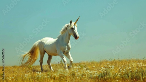Young unicorn frolicking in a meadow  clear blue sky above  highlighting its playful nature and purity