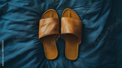 Cozy home slippers of various colors and shapes, top view