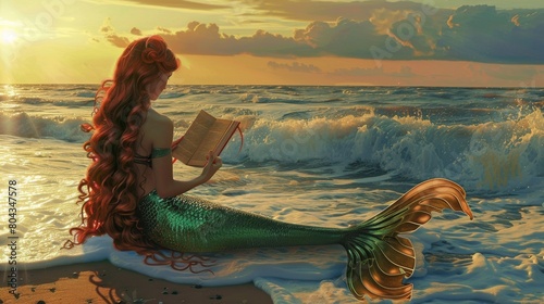 A mermaid sitting on the shore, reading a book, with the waves gently lapping around, peaceful setting photo