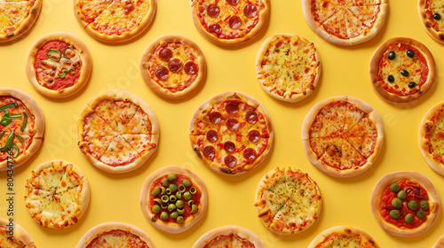 Different tasty mini pizzas on yellow background
