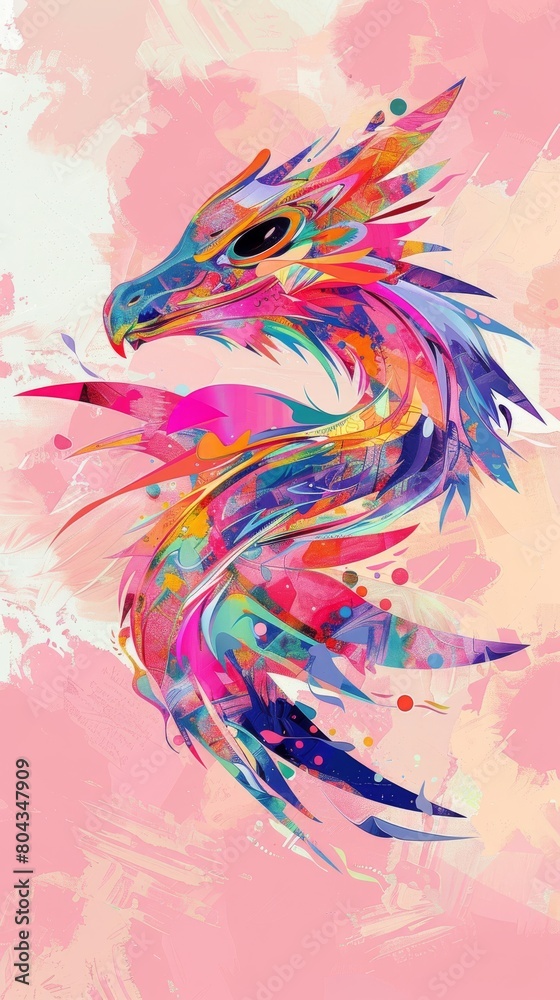 Artistic depiction of a Wyvern, stylized and abstract, vibrant colors against a plain, soft pink background Artistic depiction of a Wyvern, stylized and abstract, vibrant colors against a plain, soft pink background