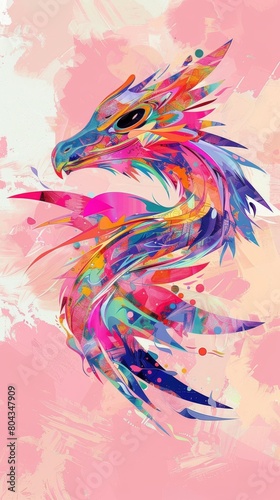 Artistic depiction of a Wyvern  stylized and abstract  vibrant colors against a plain  soft pink background