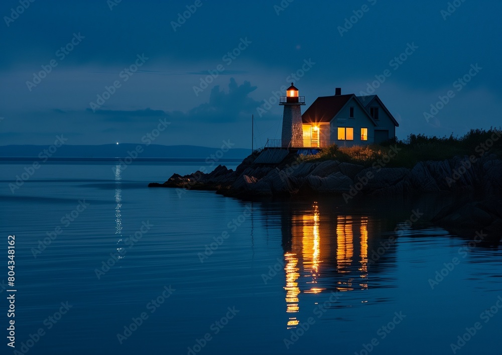 Serene Twilight Lighthouse Scene with Reflective Waterfront and Cozy Cottage