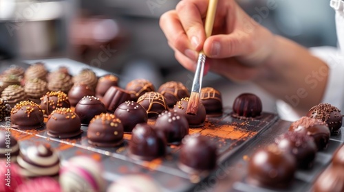 A woman using a small paint brush to add intricate designs to the surface of her chocolate bonbons creating a work of art out of dessert.