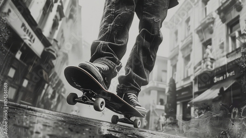 A detailed pencil drawing of a teenager with a skateboard in an urban setting, capturing a casual street style with intricate shading and line work.