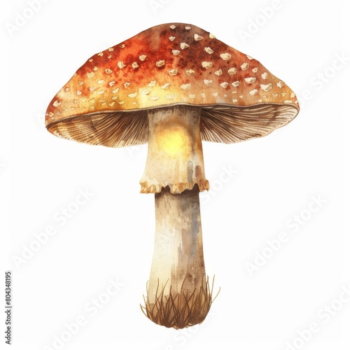 A watercolor painting of a red mushroom with white spots photo