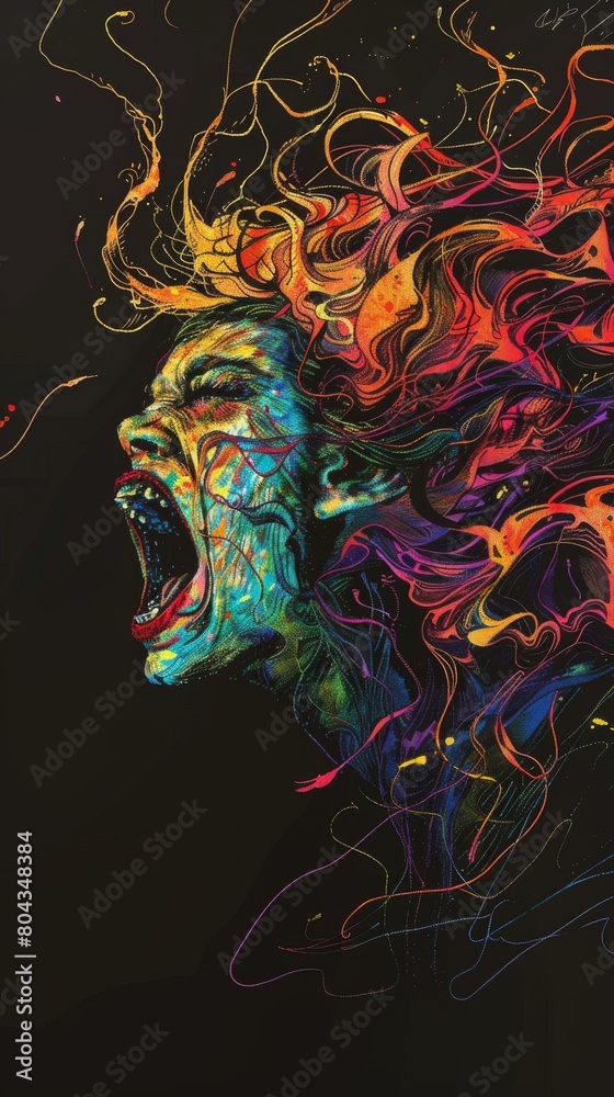 Artistic rendering of a Banshee, her hair wild as she screams, vibrant against a stark black background