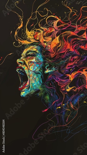Artistic rendering of a Banshee, her hair wild as she screams, vibrant against a stark black background