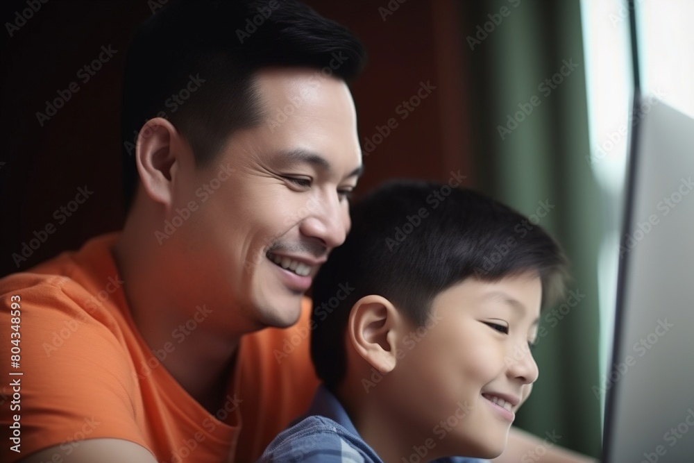 A man and a boy are looking at a computer screen A man and a boy are looking at a computer screen