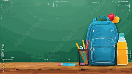 Blue school backpack with stationery and bottle of ju photo