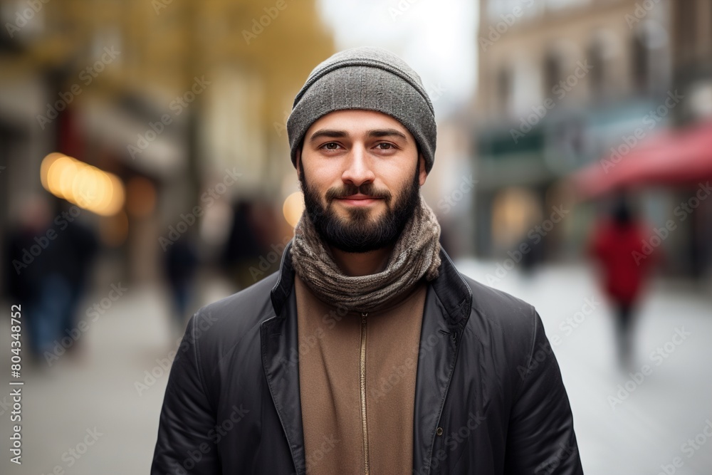 A man wearing a black jacket and a grey hat is smiling A man wearing a black jacket and a grey hat is smiling